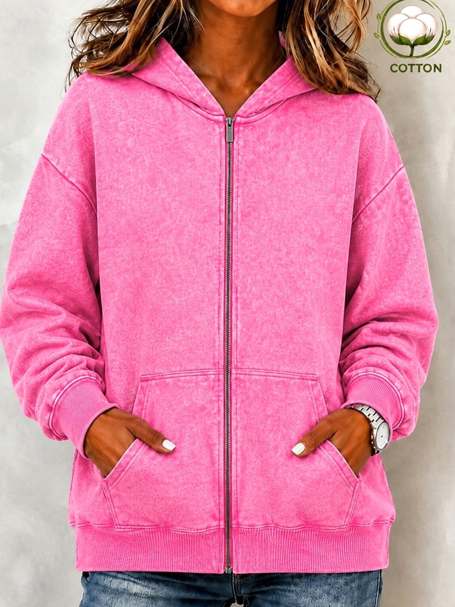 Women's Cotton Vintage wash Zip Up Hoodies Plain Active Vintage Casual Long Sleeve Hooded Regular Tops Casual Home Street Black Pink Light Purple Green Rose Red Spring Fall Winter 2026 - $39.99 &ndash;P13