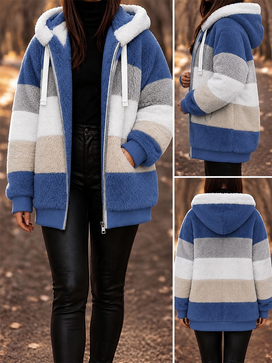 Women's Fleece Jacket Teddy Coat Hoodie Jacket Warm Breathable Zipper Pocket Fleece Lined Casual Stripe Vacation Street Daily Wear Going out Zipper Regular Hoodie Regular Long Sleeve Outerwear Blue 2026 - $31.99 &ndash;P1