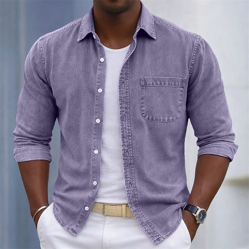 SoftFade&trade; Men's Shirt Casual Shirt Cotton Acid Wash Shirt Acid Wash Shirt Blue Black Light Green Burgundy Navy Blue Long Sleeve Plain Shirt Collar Casual Daily Front Pocket Clothing Apparel 2026 - $31.99 &ndash;P1