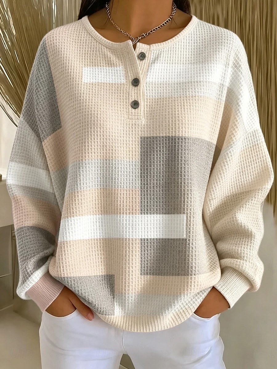 Women's Textured Pullover Sweatshirt Waffle Knit Tops Buttons Graphic Abstract Fashion Casual Print Long Sleeve Crew Neck Round Neck Long Tops Casual Street Blue Yellow Pink Orange Brown Summer 2026 - &euro;25.99 &ndash;P5