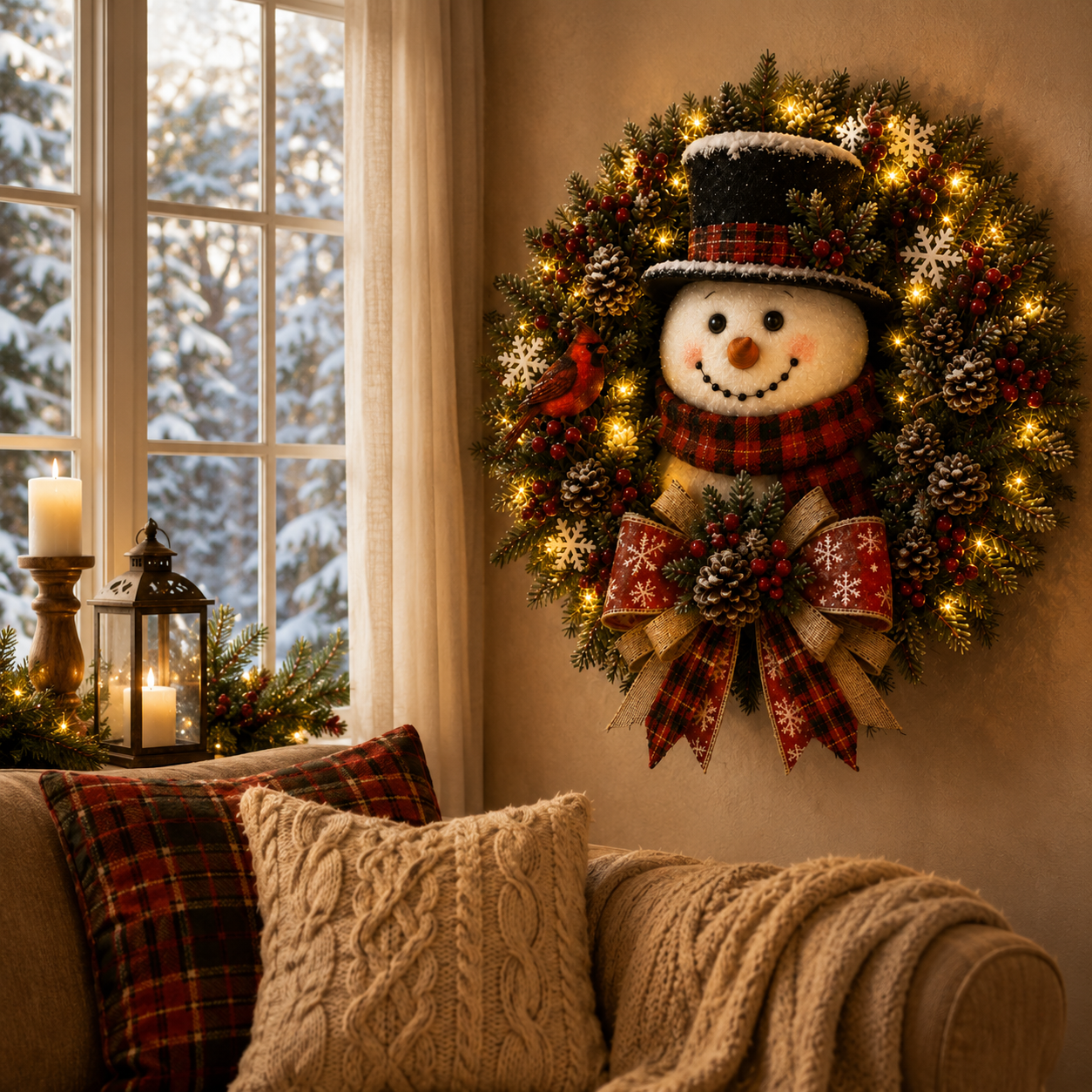 Snowman Wreath Christmas Interior Scene