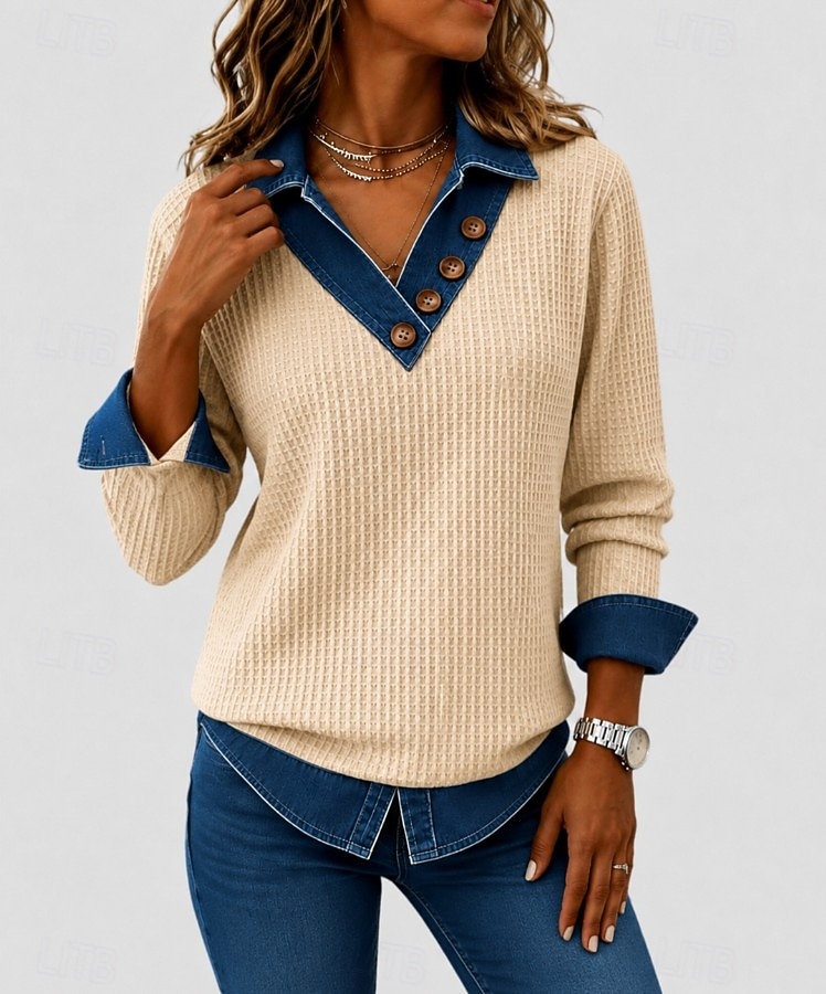 Women's Waffle Polo Shirts Bohemia Active Vacation Long Sleeve Long Tops Casual Daily Holiday Blue Pink Beige Spring Fall Winter 2026 - $28.99 –P4
