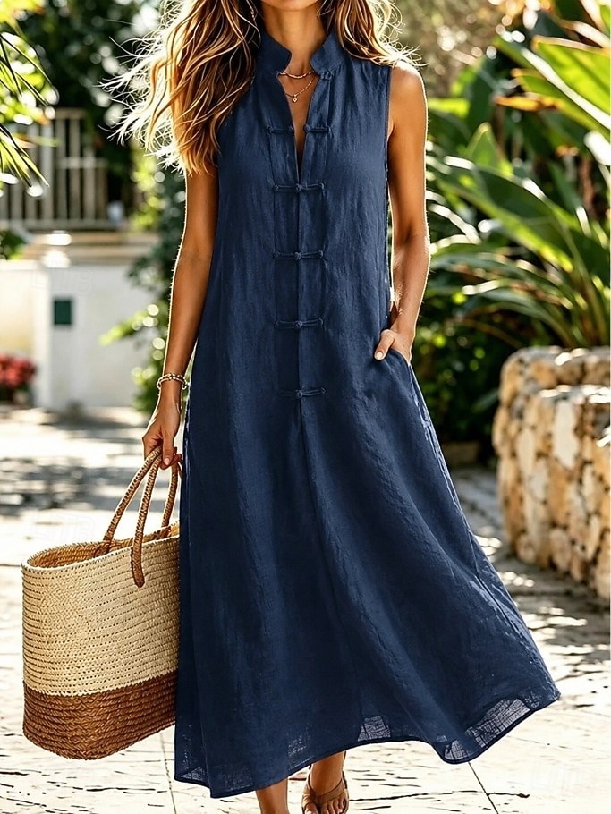 Women's Midi Dress Shift Dress Sundress White Dress A Line Dress Vacation Casual Boho Daily Holiday Summer Dress Plain Sleeveless Mandarin Collar Blue White Navy Pink Summer Fall 2026 - $35.99 &ndash;P2