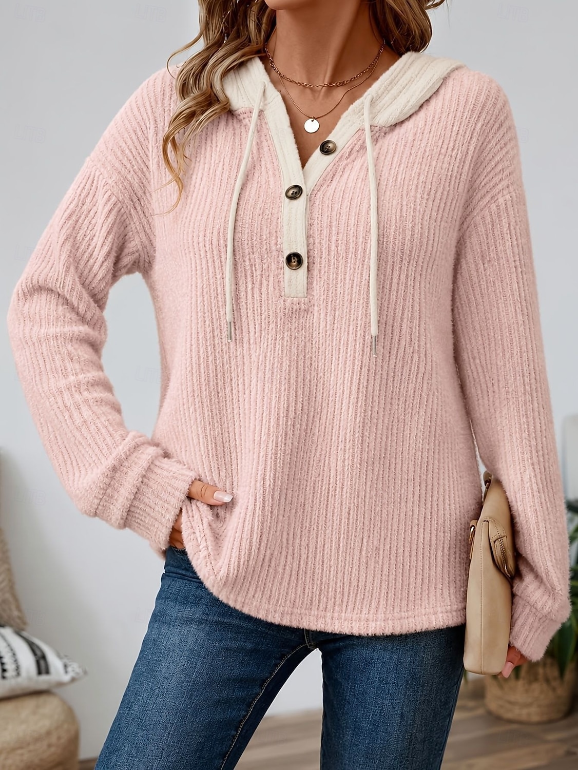 Women's Textured Sweatshirts Patchwork Buttons Vintage Long Sleeve Hooded Regular Tops Casual All colors and sizes are available in stock. Black Pink Red Navy Blue Fall Winter 2026 - $31.99 &ndash;P7