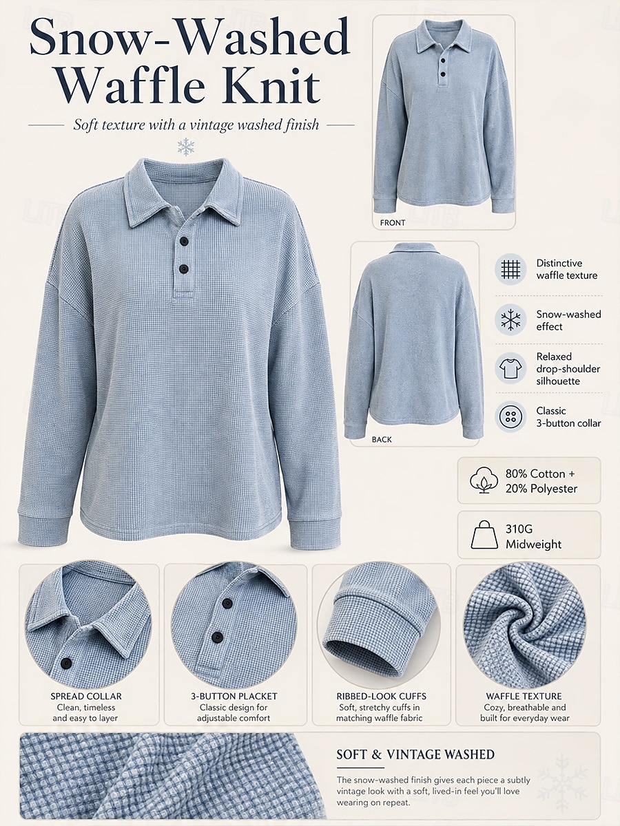 Women's Washed Cotton Waffle Polo Shirts Blouse Knit Shirts Texture Solid Color Fashion Stylish Basic Long Sleeve Bishop Sleeve V Neck Shirt Collar Long Tops Casual Daily Going out Blue Dark Blue 2026 - $35.99 &ndash;P2