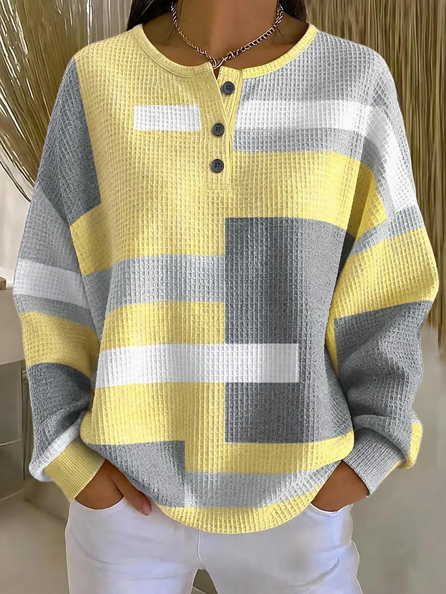 Women's Textured Pullover Sweatshirt Waffle Knit Tops Buttons Graphic Abstract Fashion Casual Print Long Sleeve Crew Neck Round Neck Long Tops Casual Street Blue Yellow Pink Orange Brown Summer 2026 - &euro;25.99 &ndash;P1