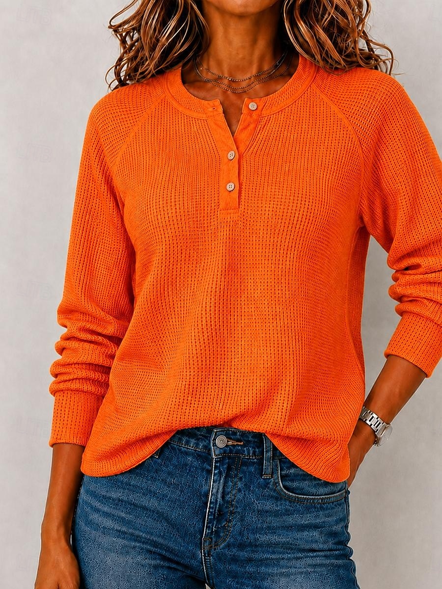 Women's Waffle Shirt Blouse Knit Shirts Texture Solid Color Stylish Basic Classic Long Sleeve Shirt Henry Collar Long Tops Casual Daily Halloween Going out White Purple Orange Beige Spring Fall Winter 2026 - $33.99 &ndash;P7