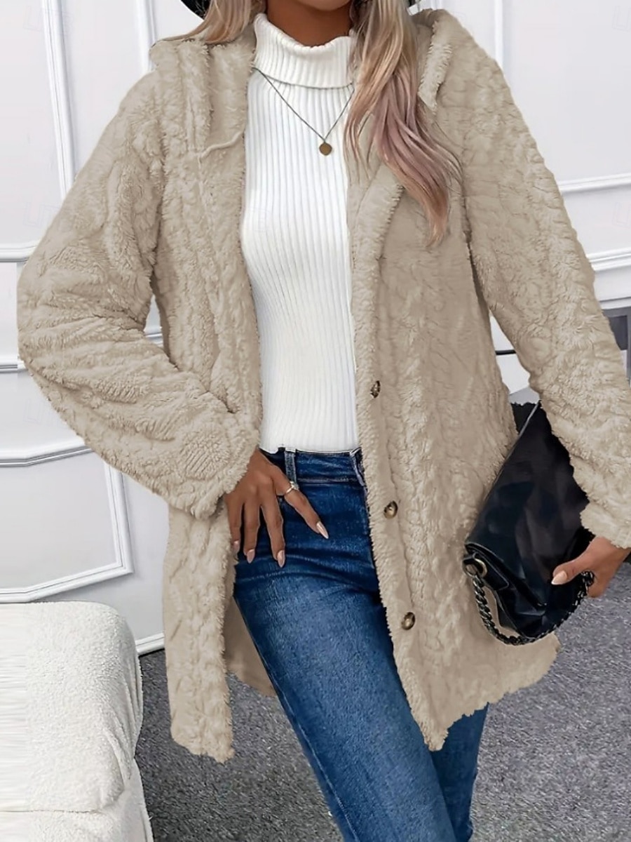 Women's Sherpa Jacket Casual Jacket Comfortable Breathable Pocket Buttons Casual Plain Casual Vacation Street Daily Wear Open Front Regular Hooded Regular Fit Long Sleeve Outerwear Black White Pink 2026 - $14.99 &ndash;P8