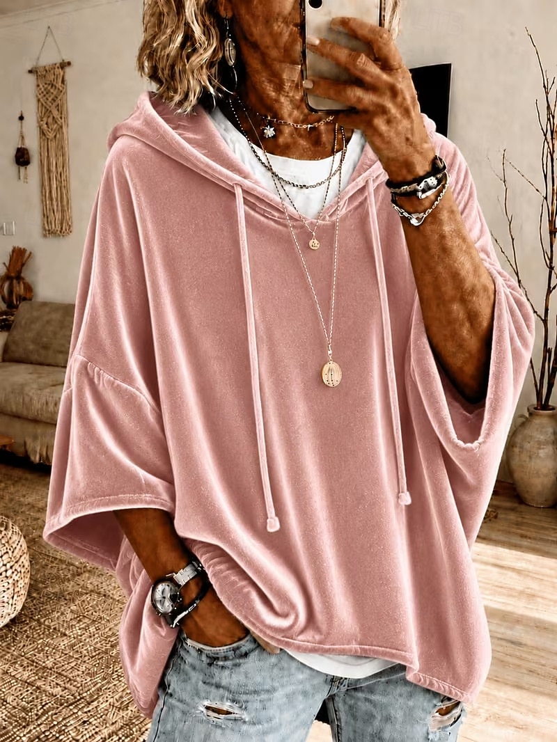 Women's Shirt Velvet Blouse Plain Vacation Fashion Modern 3/4 Sleeve Hooded Long Tops Casual White Pink Navy Blue Sky Blue khaki Fall 2026 - $27.99 &ndash;P1
