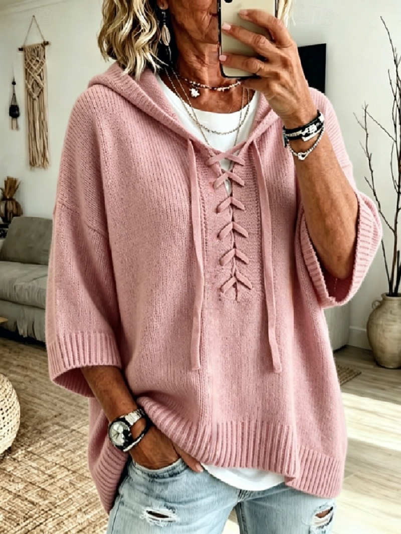 Women's Knit Hoodie Pullover Sweater Casual 3/4 Length Sleeve Lace Up Sweatshirt with Hood for Fall 2026 - $37.99 &ndash;P2