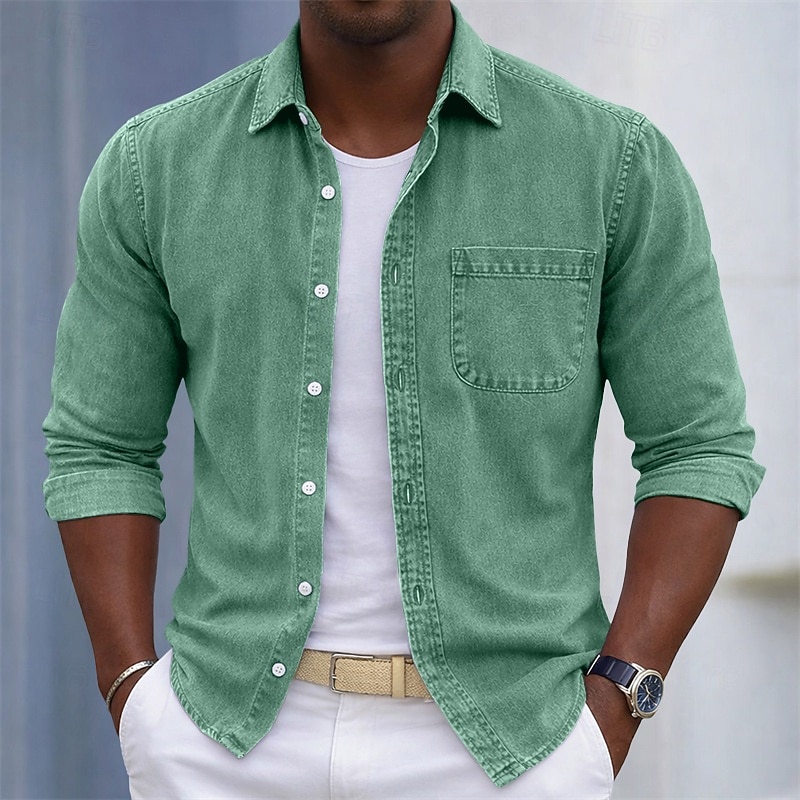 SoftFade&trade; Men's Shirt Casual Shirt Cotton Acid Wash Shirt Acid Wash Shirt Blue Black Light Green Burgundy Navy Blue Long Sleeve Plain Shirt Collar Casual Daily Front Pocket Clothing Apparel 2026 - $31.99 &ndash;P2