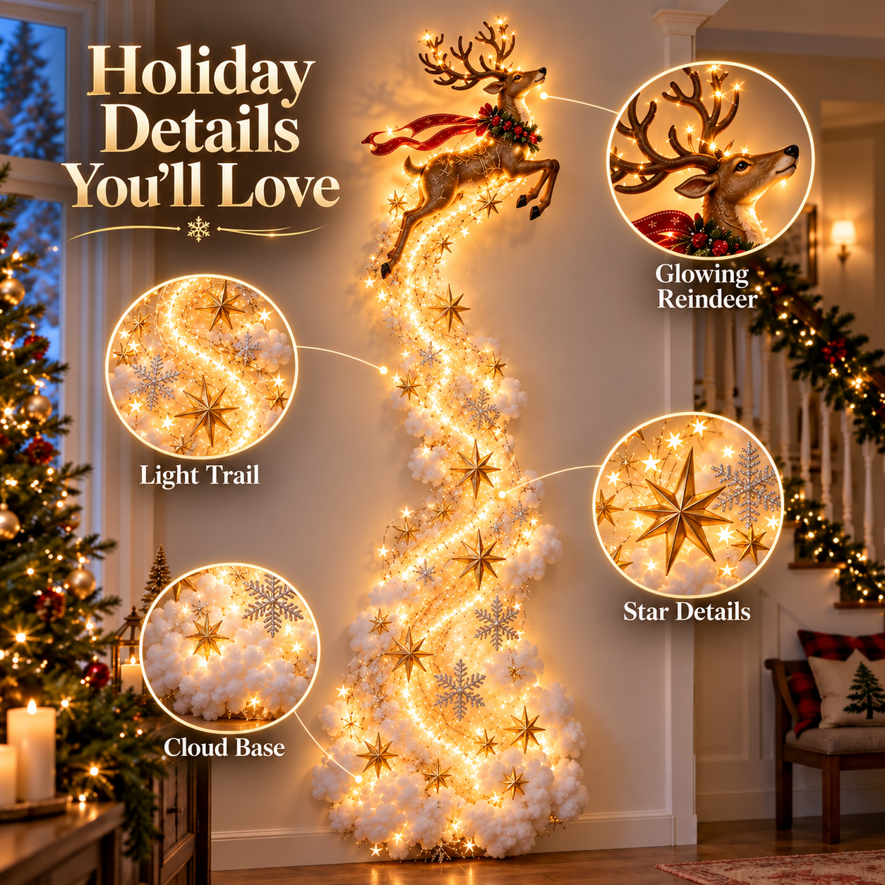 Santa sleigh Christmas wall light details
