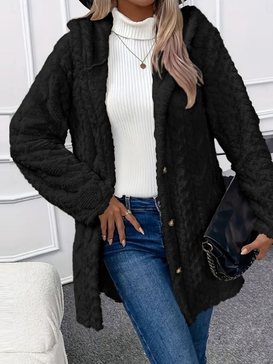 Women's Sherpa Jacket Casual Jacket Comfortable Breathable Pocket Buttons Casual Plain Casual Vacation Street Daily Wear Open Front Regular Hooded Regular Fit Long Sleeve Outerwear Black White Pink 2026 - $14.99 &ndash;P15