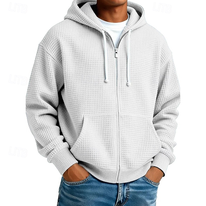 Men's Hoodie Full Zip Hoodie Waffle Hoodies Black White Light Green Army Green Navy Blue Hooded Plain Textured Casual Daily Sports & Outdoor Streetwear Cool Sportswear Fall & Winter Spring & Fall 2026 - €11.69 –P10