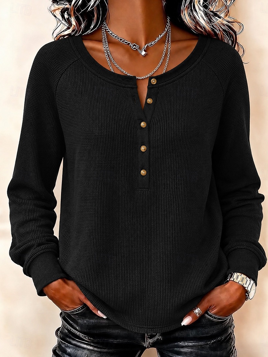 Women's Waffle Shirt Solid Color Fashion Daily Stylish Long Sleeve Long Tops Casual Blue White Black Light Green Red Fall 2026 - $31.99 &ndash;P5