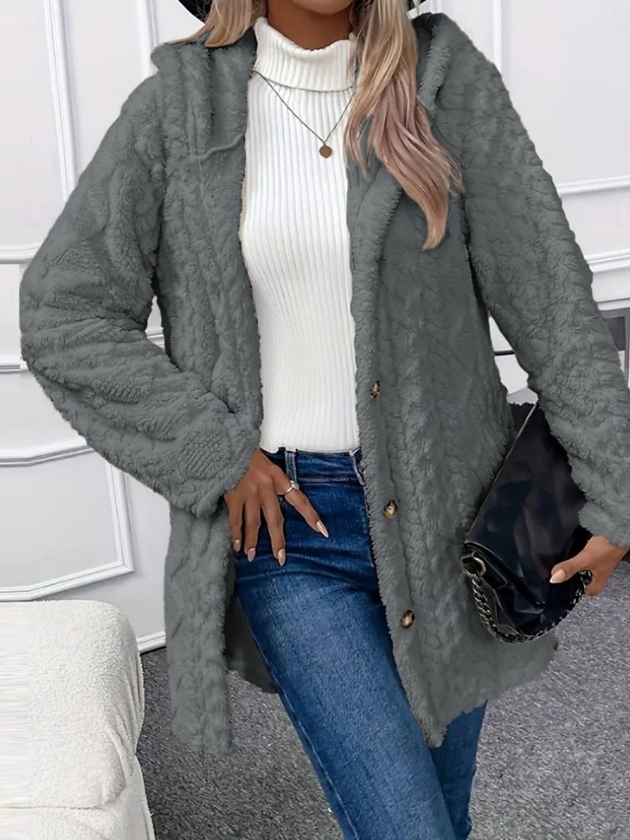 Women's Sherpa Jacket Casual Jacket Comfortable Breathable Pocket Buttons Casual Plain Casual Vacation Street Daily Wear Open Front Regular Hooded Regular Fit Long Sleeve Outerwear Black White Pink 2026 - $14.99 &ndash;P20