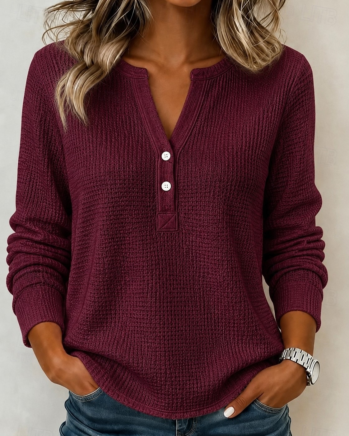 Women's Waffle Polo Shirts Blouse Knit Shirts Texture Solid Color Fashion Classic Casual Long Sleeve V Neck Regular Tops Casual Daily Going out White Wine Red Dark Green Hunter Green Fall Winter 2026 - $28.99 &ndash;P3