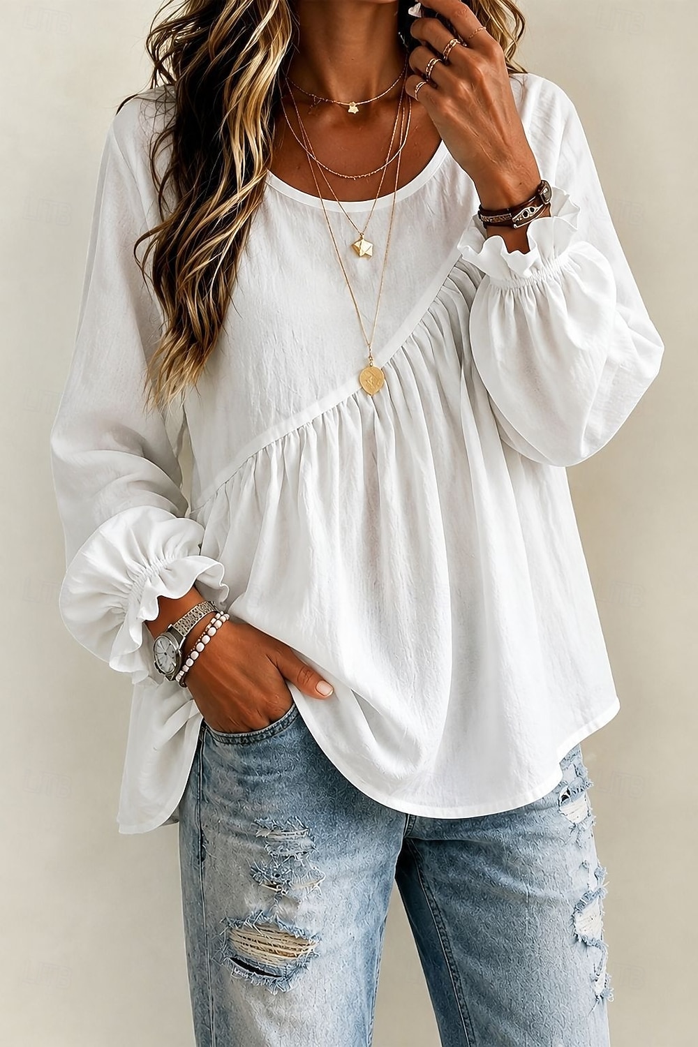 Women's White Boho Blouse Round Neck Long Sleeve Ruffle Trim Peplum Tunic Shirt 2026 - $27.99 &ndash;P1