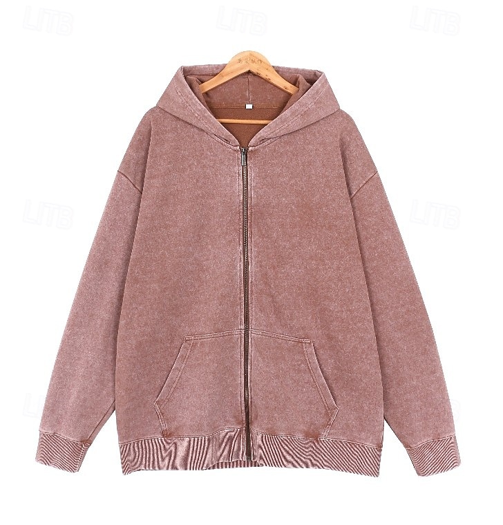 Women's Cotton Vintage wash Zip Up Hoodies Plain Active Vintage Casual Long Sleeve Hooded Regular Tops Casual Home Street Black Pink Light Purple Green Rose Red Spring Fall Winter 2026 - $39.99 &ndash;P8