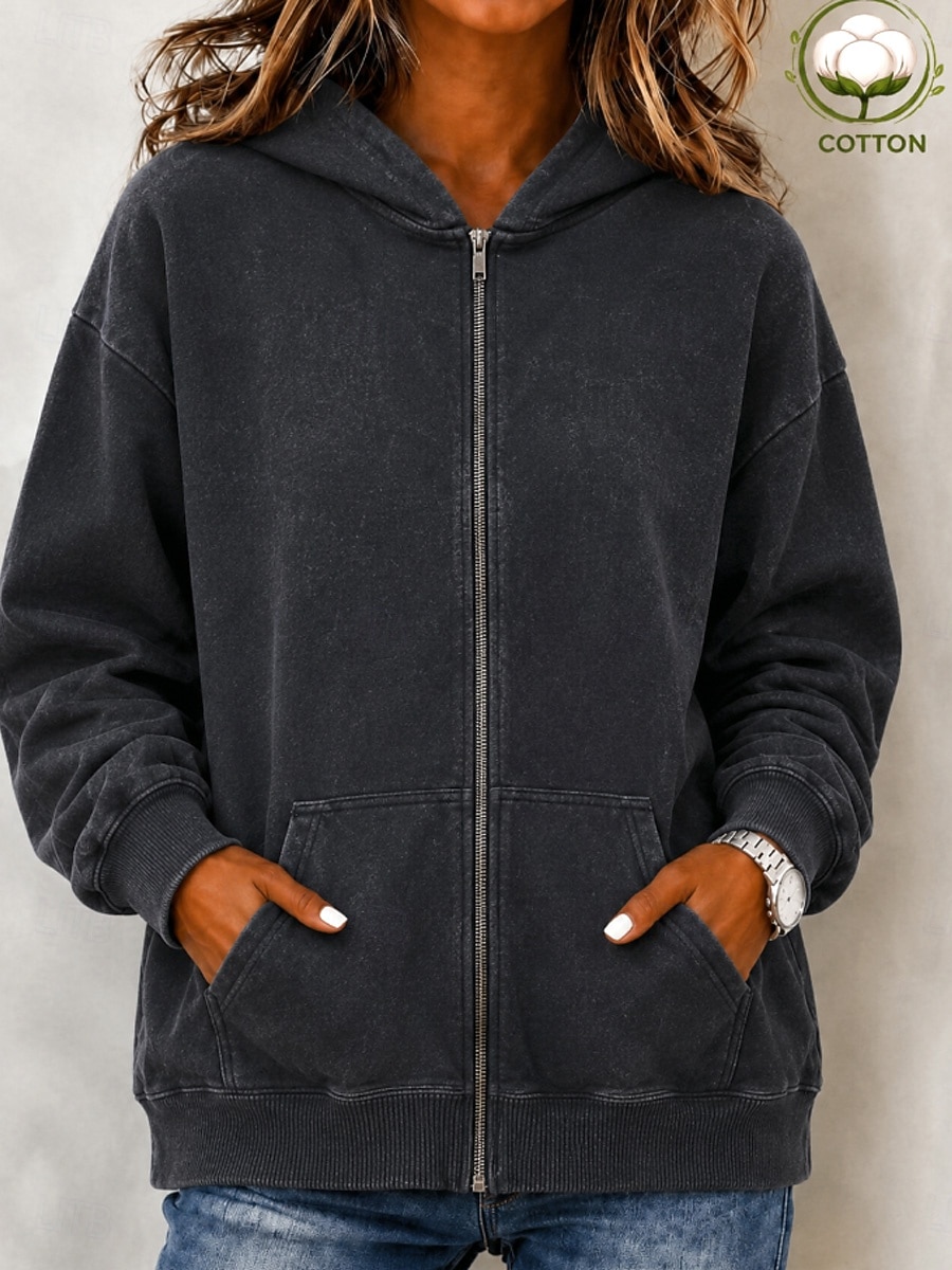 Women's Cotton Vintage wash Zip Up Hoodies Plain Active Vintage Casual Long Sleeve Hooded Regular Tops Casual Home Street Black Pink Light Purple Green Rose Red Spring Fall Winter 2026 - $39.99 &ndash;P16