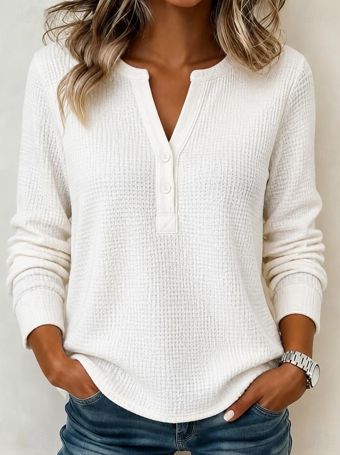 Women's Waffle Polo Shirts Blouse Knit Shirts Texture Solid Color Fashion Classic Casual Long Sleeve V Neck Regular Tops Casual Daily Going out White Wine Red Dark Green Hunter Green Fall Winter 2026 - $28.99 &ndash;P1