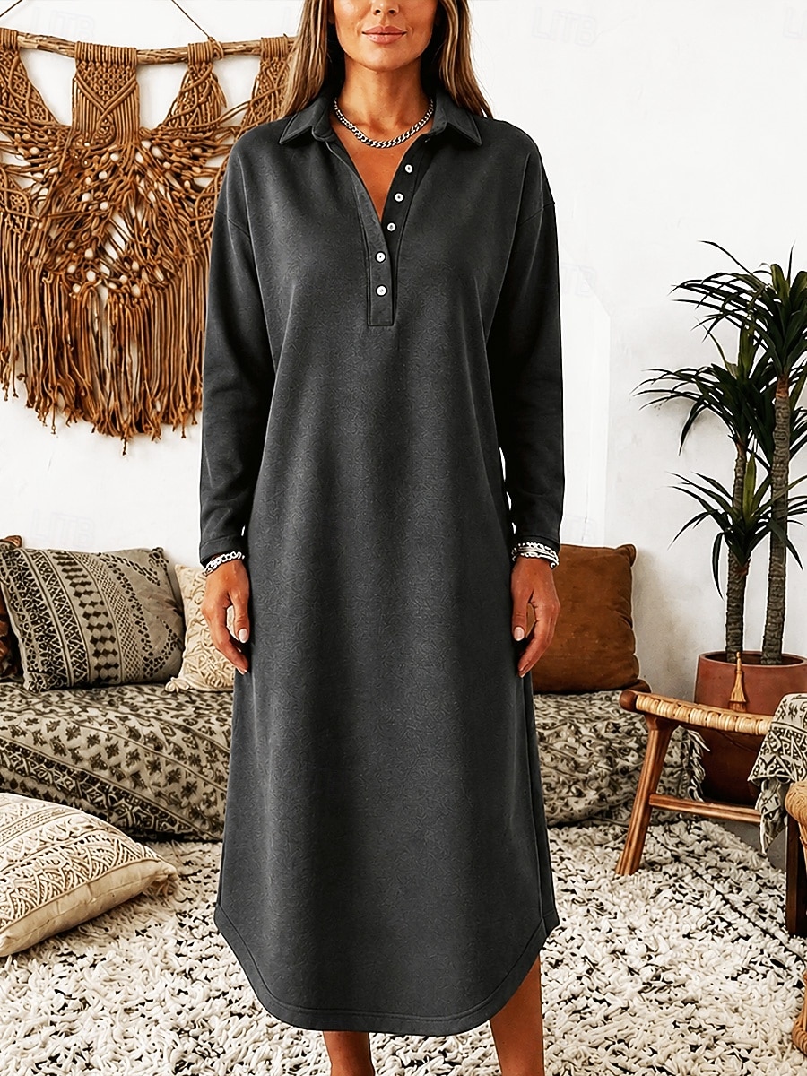 Women's Midi Dress Shift Dress T Shirt Dress Tee Dress Casual Home Outdoor Going out Loose Fit Solid Color Long Sleeve Lapel Blue Black Camel Purple Summer Fall Winter 2026 - $29.99 &ndash;P3