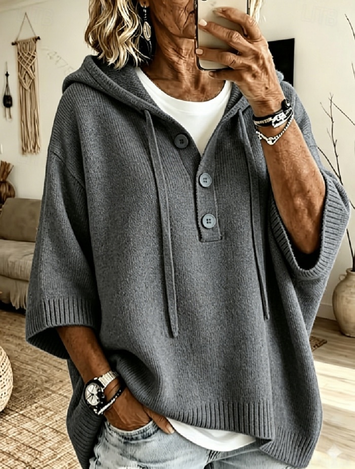 Women's Half Button Hoodie Sweater 3/4 Length Sleeve Casual Knit Pullover Sweater with Drawstring 2026 - $37.99 &ndash;P4