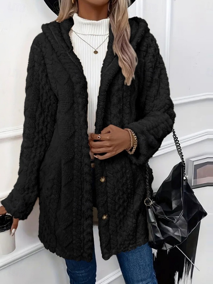 Women's Sherpa Jacket Casual Jacket Comfortable Breathable Pocket Buttons Casual Plain Casual Vacation Street Daily Wear Open Front Regular Hooded Regular Fit Long Sleeve Outerwear Black White Pink 2026 - $14.99 &ndash;P14