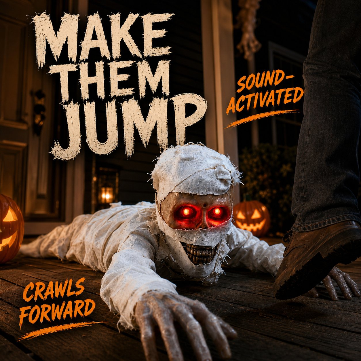 Sound-activated crawling mummy surprising a guest on a front porch