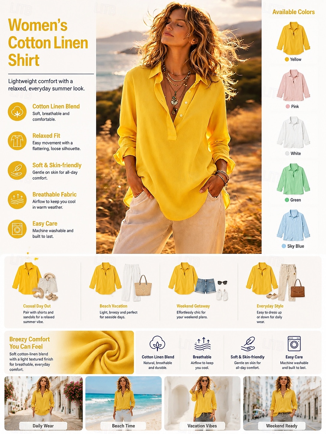Women's Linen Shirts Summer Shirt Beach Wear Blouse Buttons Solid Color Stylish Basic Casual Long Sleeve Shirt Collar Regular Tops Daily Blue White Yellow Pink Green Spring Fall 2026 - $24.99 &ndash;P1
