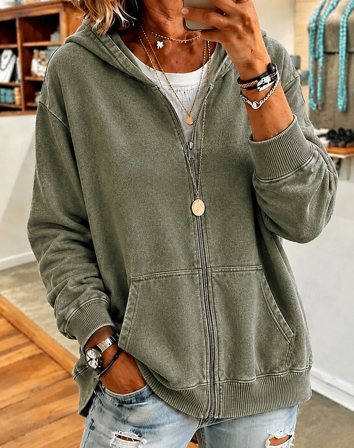 Women's Cotton Vintage wash Zip Up Hoodies Plain Active Vintage Casual Long Sleeve Hooded Regular Tops Casual Home Street Black Pink Light Purple Green Rose Red Spring Fall Winter 2026 - $39.99 &ndash;P9