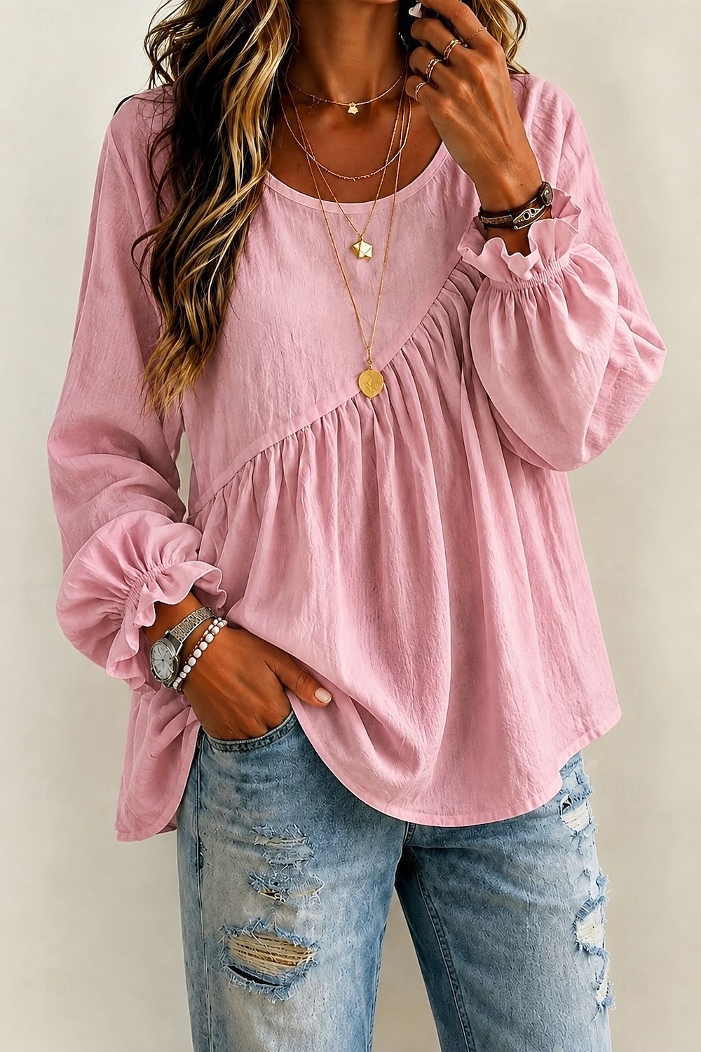 Women's White Boho Blouse Round Neck Long Sleeve Ruffle Trim Peplum Tunic Shirt 2026 - $27.99 &ndash;P2