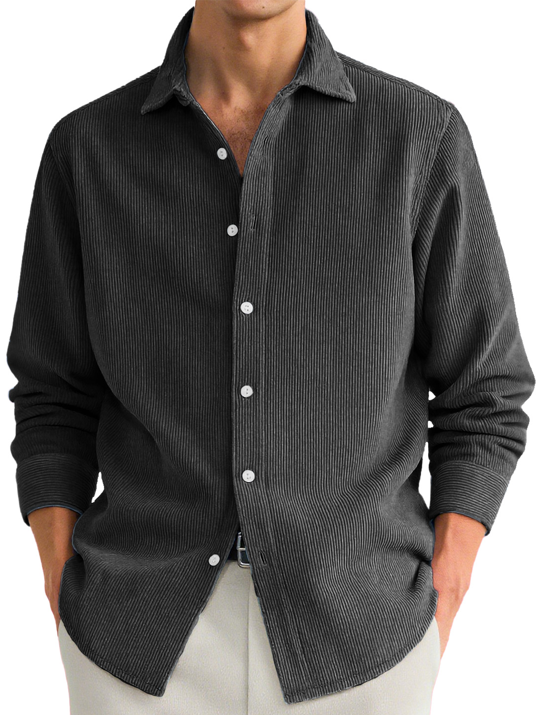 Men's Stylish Casual Ribbed Lapel Long-sleeved Shirt