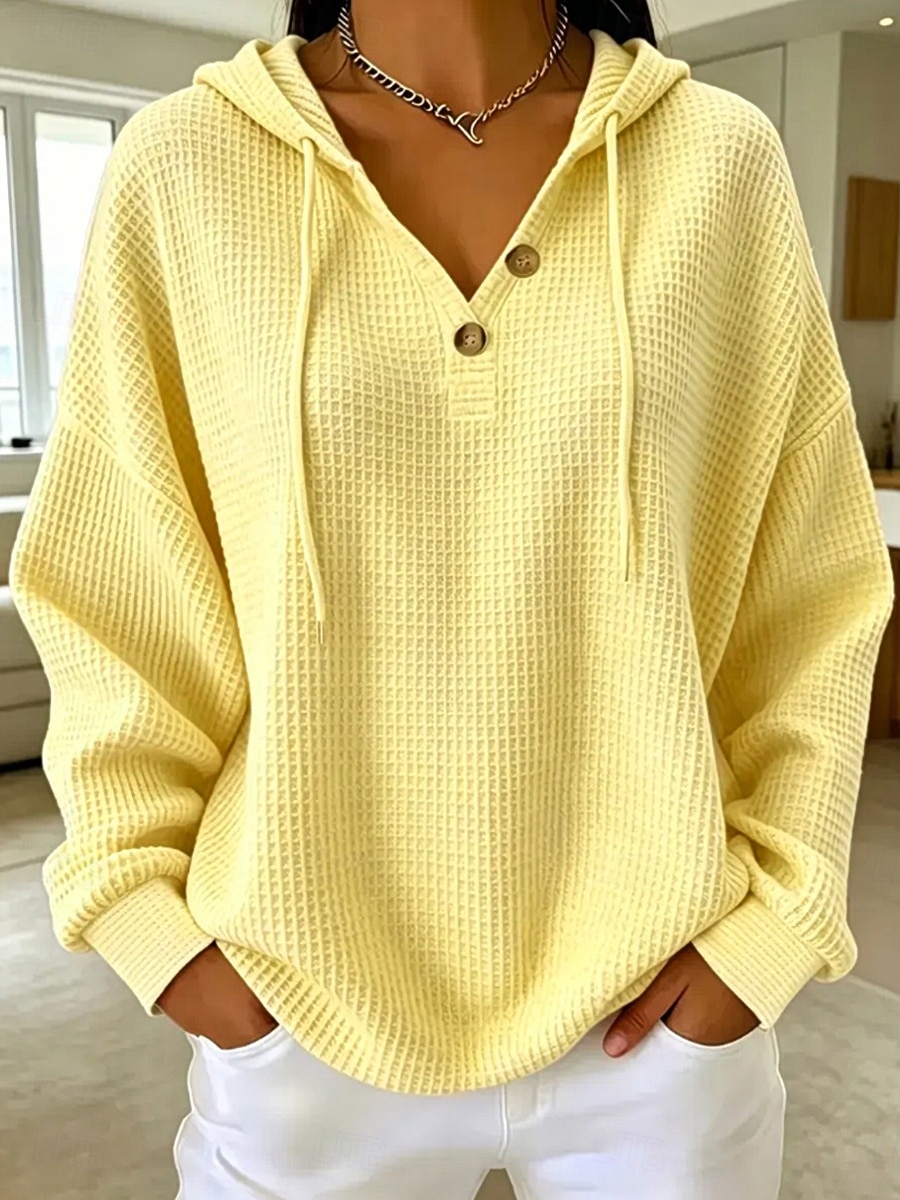 Women's Waffle Sweatshirts Textured Pullover Hoodie Sweatshirt Waffle Knit Tops Drawstring Pocket Buttons Plain Casual Long Sleeve V Neck Hooded Long Tops Blue White Yellow Pink Spring Fall Winter 2026 - $31.99 &ndash;P1