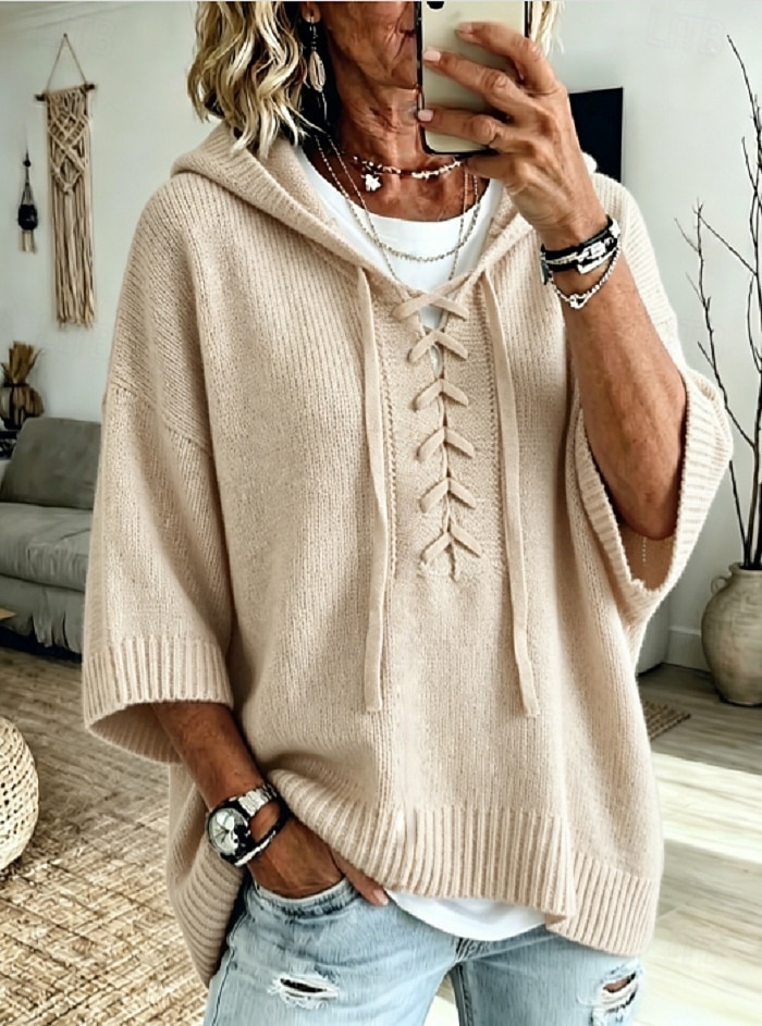 Women's Knit Hoodie Pullover Sweater Casual 3/4 Length Sleeve Lace Up Sweatshirt with Hood for Fall 2026 - $37.99 &ndash;P3