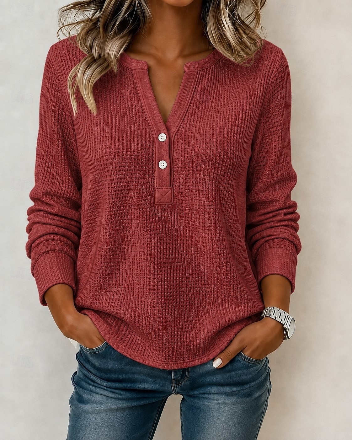 Women's Waffle Polo Shirts Blouse Knit Shirts Texture Solid Color Fashion Classic Casual Long Sleeve V Neck Regular Tops Casual Daily Going out White Wine Red Dark Green Hunter Green Fall Winter 2026 - $28.99 &ndash;P7