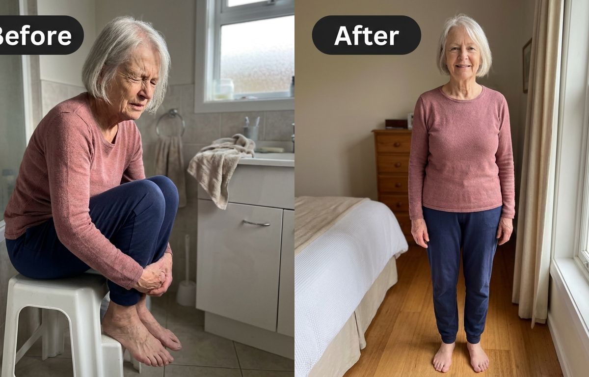 A single WIDE HORIZONTAL 16:9 before-and-after image split by one clean vertical divider line down the exact centre, bot
