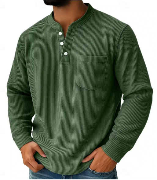 Men's Retro Corduroy Pocket Casual Long-Sleeve Henley Shirt