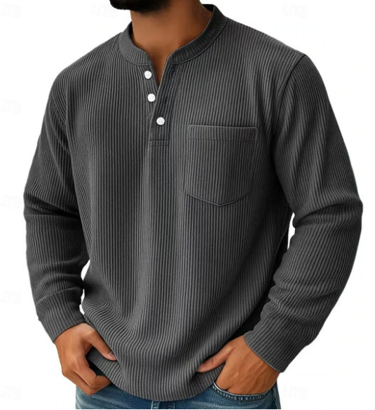 Men's Retro Corduroy Pocket Casual Long-Sleeve Henley Shirt