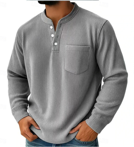 Men's Retro Corduroy Pocket Casual Long-Sleeve Henley Shirt