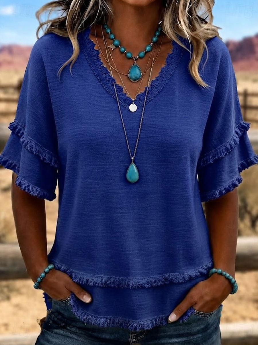 Women's V Neck Fringe Trim Short Sleeve Blouse Double Layer Frayed Raw Hem Crinkle Textured Loose Casual Tunic Top 2026 - $26.99 &ndash;P7