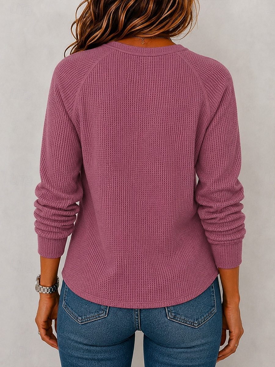 Women's Waffle Shirt Blouse Knit Shirts Texture Solid Color Stylish Basic Classic Long Sleeve Shirt Henry Collar Long Tops Casual Daily Halloween Going out White Purple Orange Beige Spring Fall Winter 2026 - $33.99 &ndash;P4