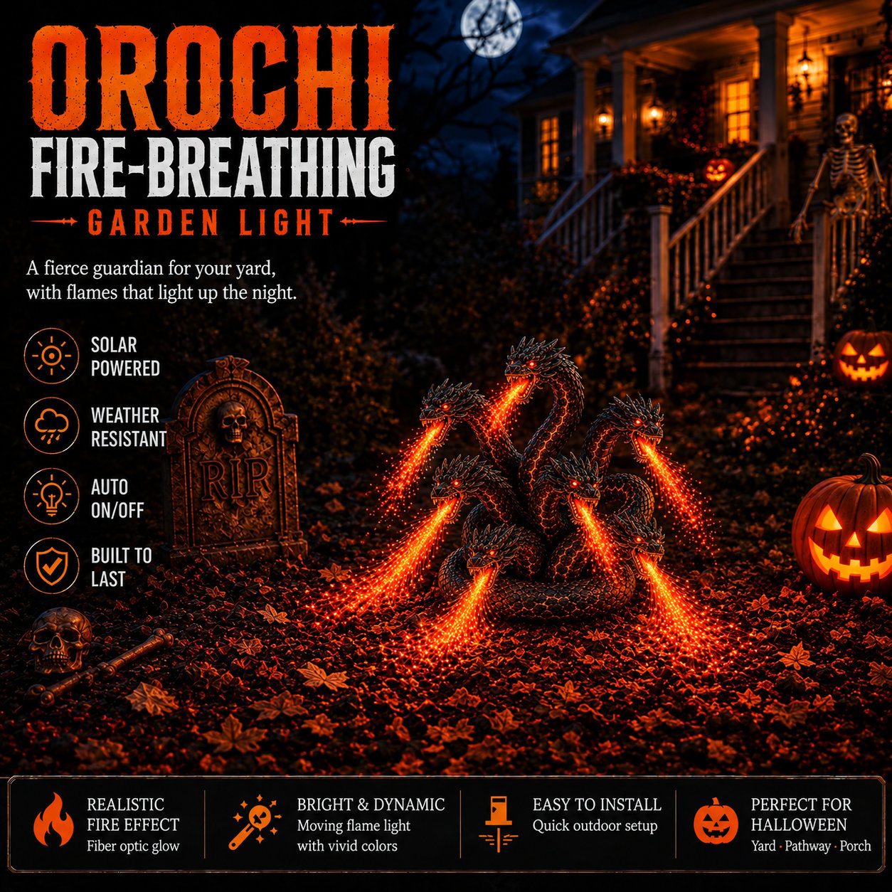 🔥🐉 Fire-breathing Orochi solar garden light – Epic Halloween decoration: multi-headed dragon