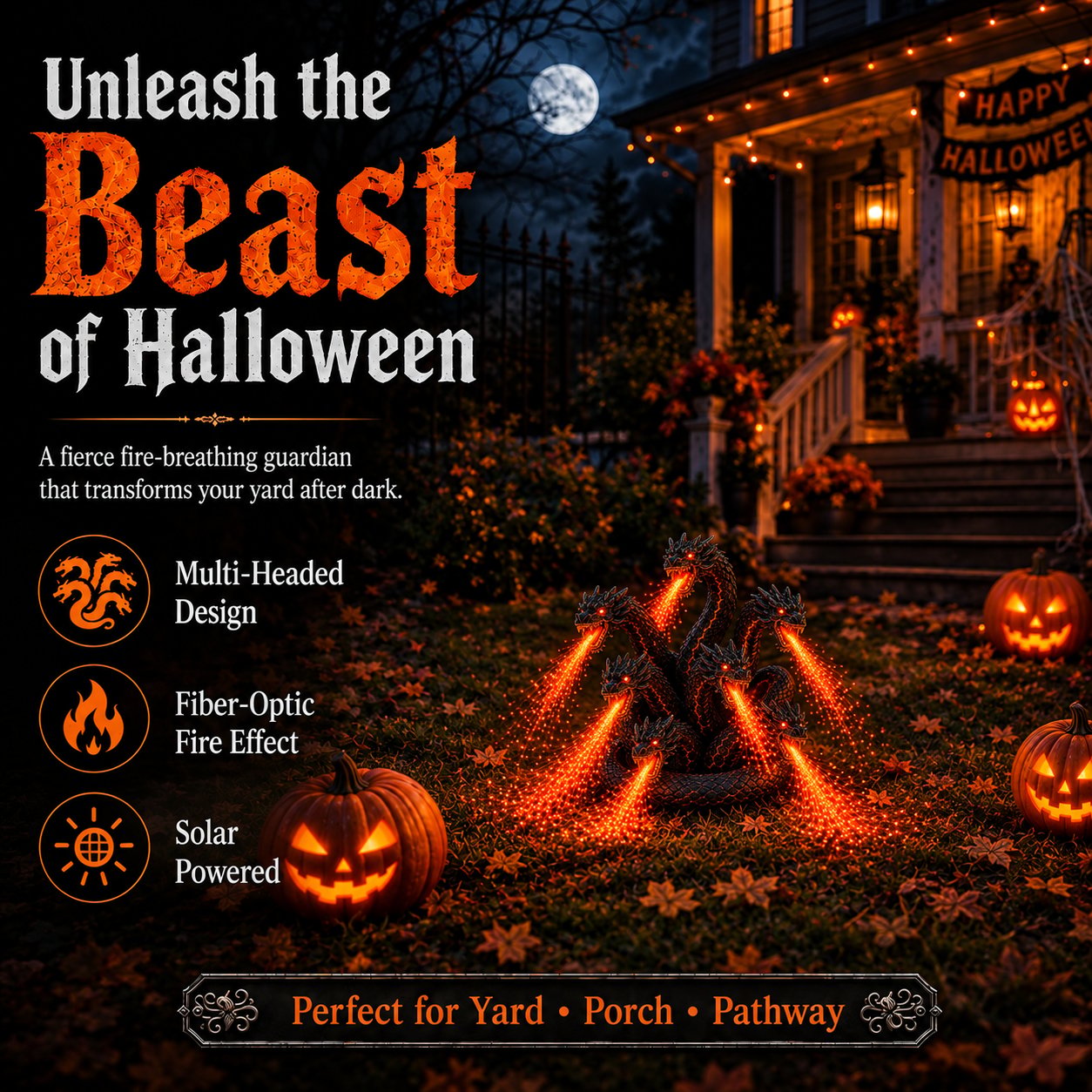 🔥🐉 Fire-breathing Orochi solar garden light – Epic Halloween decoration: multi-headed dragon
