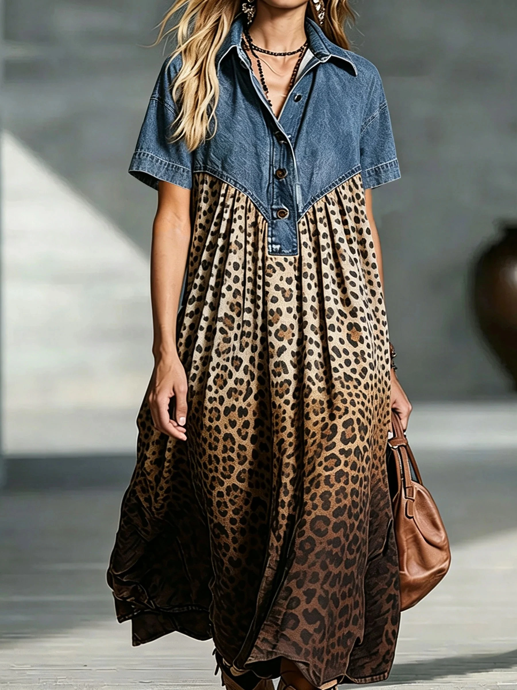 Denim Spliced Print Shirt Maxi Dress