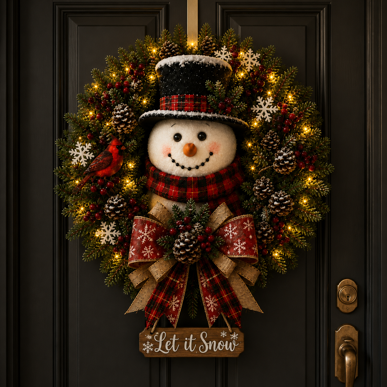 Snowman Lighted Christmas Wreath Close Up