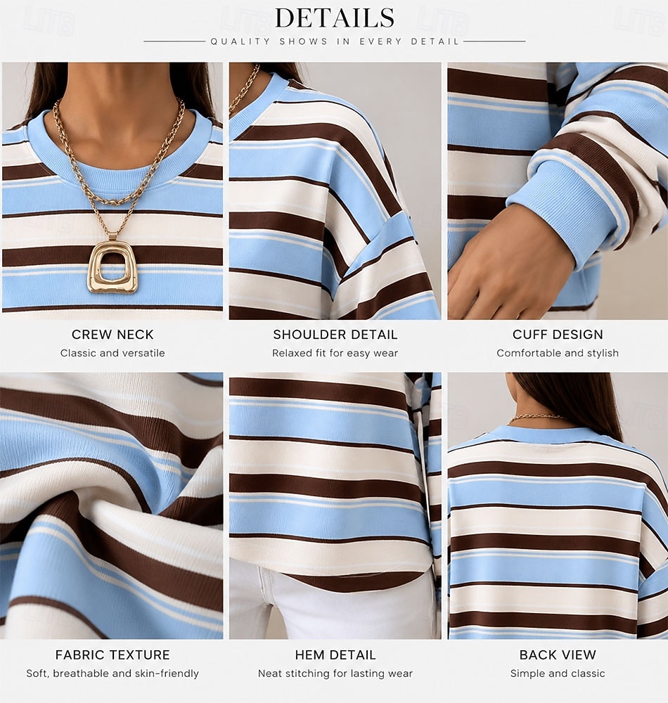 Women's Pullover Sweatshirt Striped Fashion Casual Long Sleeve Crew Neck Long Tops Casual Work Street Blue Pink Gray Spring Fall Winter 2026 - &euro;28.99 &ndash;P1