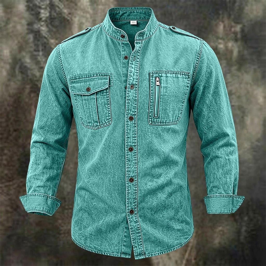 Men Shirt Garment Dyed Acid Wash Shirt Blue Black Green khaki Long Sleeve Plain Shirt Collar Mandarin Collar Casual Daily Pocket Clothing Apparel Elegant Fashion Casual 2026 - $34.99 &ndash;P7