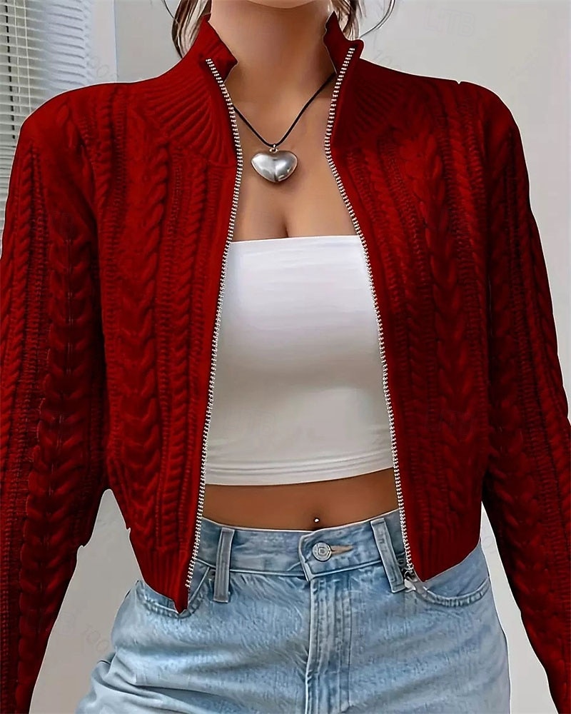 Women's Sweater Cardigan Elegant Fashion Cute Solid Color Stand Collar Zipper Knitted Print Long Sleeve Regular Tops Knit Daily Outdoor Holiday White Wine Red Fall Winter 2026 - €29.99 –P5