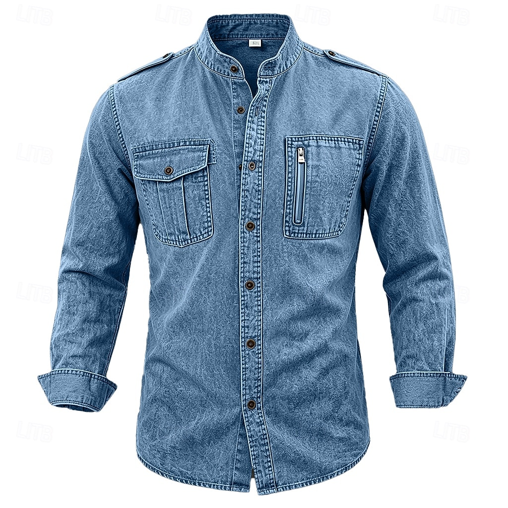 Men Shirt Garment Dyed Acid Wash Shirt Blue Black Green khaki Long Sleeve Plain Shirt Collar Mandarin Collar Casual Daily Pocket Clothing Apparel Elegant Fashion Casual 2026 - $34.99 &ndash;P3